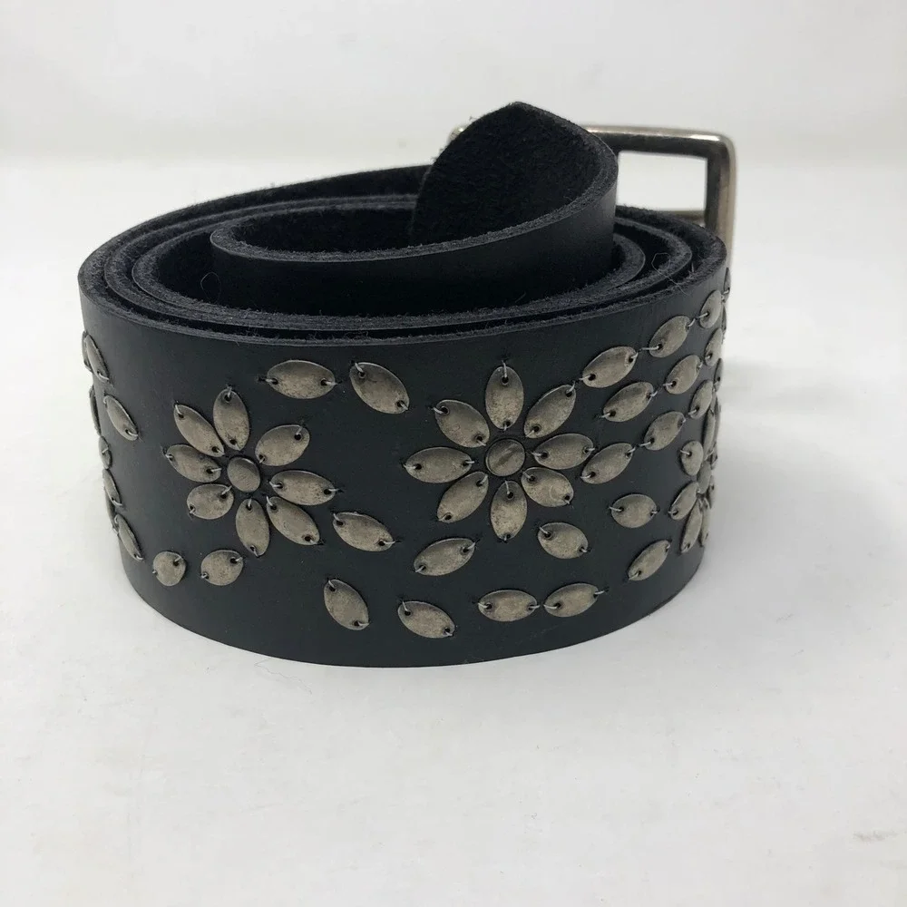 Sundance Belt Large Black Studded Leather Floral Double Prong Buckle Wide Boho